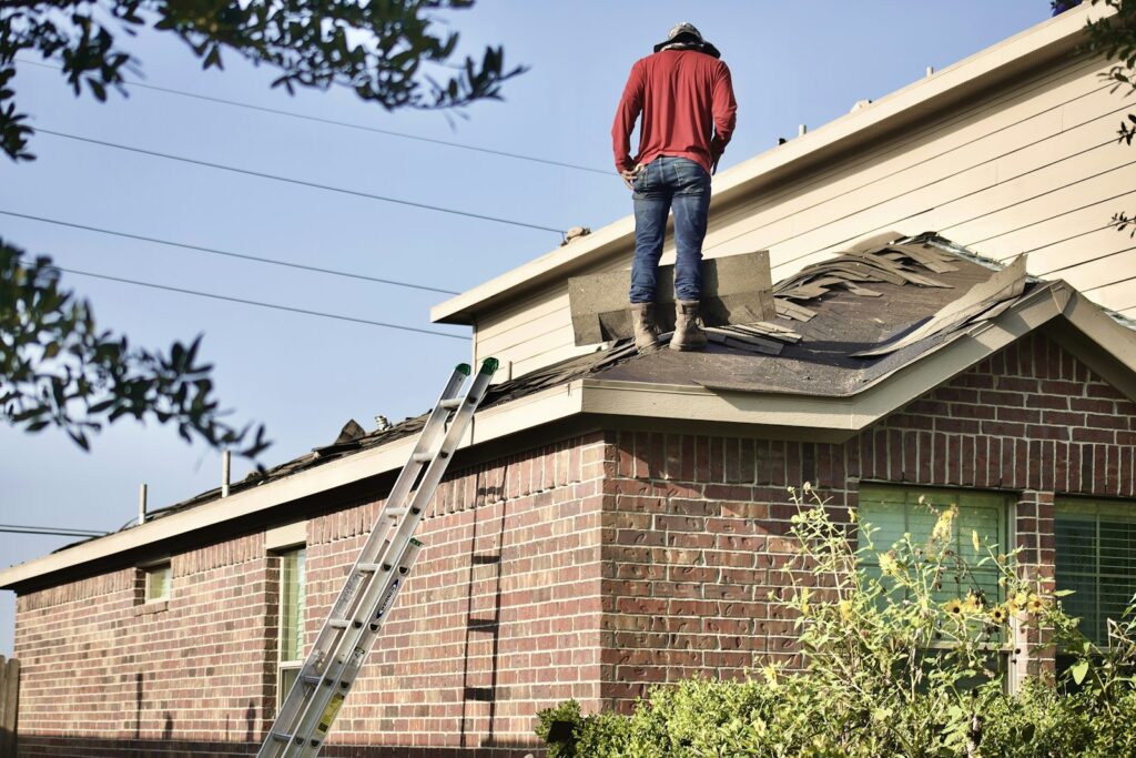 Roofing contractor working on a residential roof for a lead generation campaign